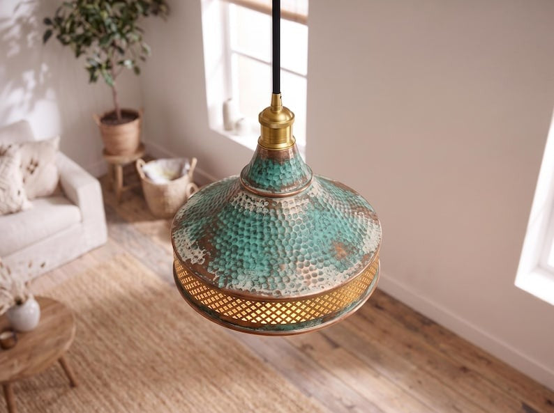 Handmade Moroccan Brass Pendant Light – Hammered Green Verdigris Patina Cone Hanging Lamp with Diamond Lattice Band and Warm Antique Brass Glow for Kitchen Island, Dining Room & Living Room
