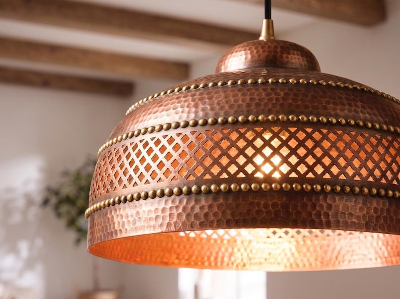 Handmade Moroccan Brass Pendant Light – Hammered Copper Finish Dome Ceiling Lamp with Pierced Geometric Design, Rustic Kitchen Island Lighting