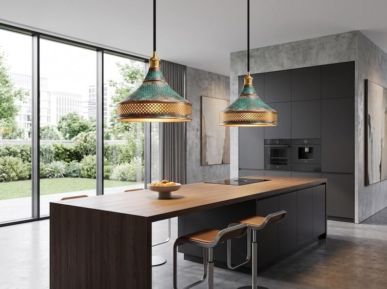Handmade Moroccan Brass Pendant Light – Hammered Green Verdigris Patina Cone Hanging Lamp with Diamond Lattice Band and Warm Antique Brass Glow for Kitchen Island, Dining Room & Living Room