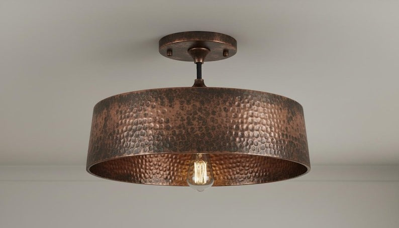 Handmade Moroccan Brass Semi-Flush Mount Ceiling Light – Hammered Antique Copper Drum Fixture, Rustic Farmhouse Ceiling Lamp