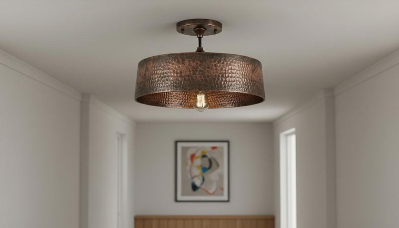 Handmade Moroccan Brass Semi-Flush Mount Ceiling Light – Hammered Antique Copper Drum Fixture, Rustic Farmhouse Ceiling Lamp
