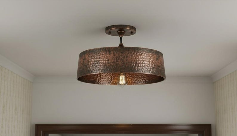 Handmade Moroccan Brass Semi-Flush Mount Ceiling Light – Hammered Antique Copper Drum Fixture, Rustic Farmhouse Ceiling Lamp