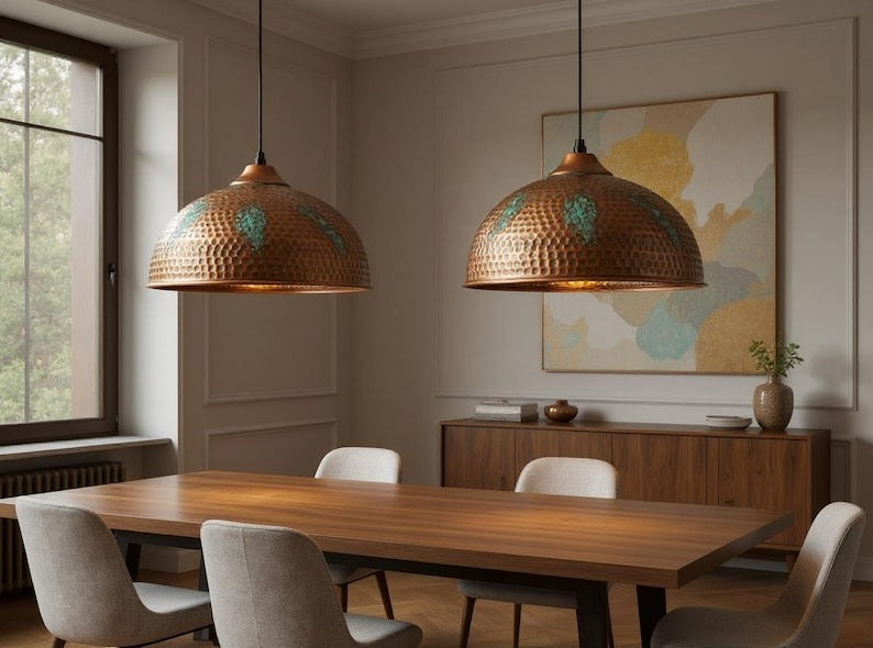 Large Hammered Copper Dome Pendant Light, Handmade Moroccan Green Patina Kitchen Island Chandelier, Rustic Verdigris Copper Hanging Lamp, Boho Farmhouse Ceiling Light Fixture