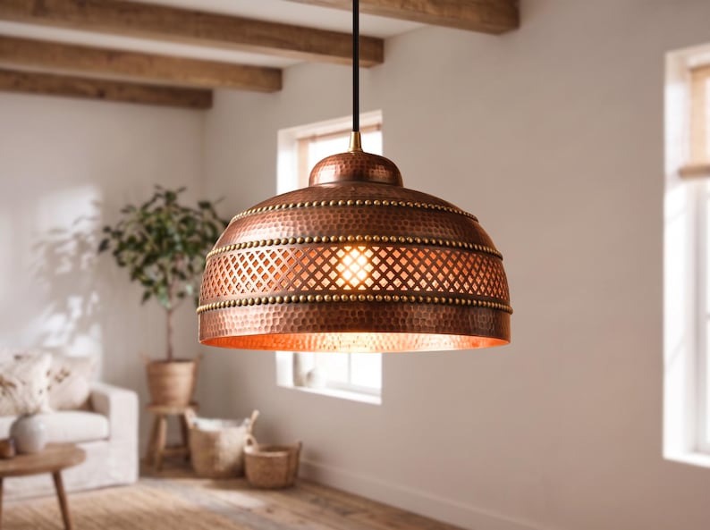 Handmade Moroccan Brass Pendant Light – Hammered Copper Finish Dome Ceiling Lamp with Pierced Geometric Design, Rustic Kitchen Island Lighting