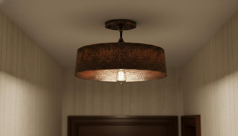 Handmade Moroccan Brass Semi-Flush Mount Ceiling Light – Hammered Antique Copper Drum Fixture, Rustic Farmhouse Ceiling Lamp