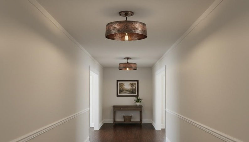 Handmade Moroccan Brass Semi-Flush Mount Ceiling Light – Hammered Antique Copper Drum Fixture, Rustic Farmhouse Ceiling Lamp