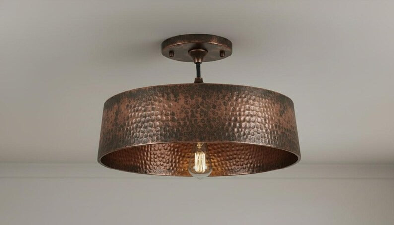 Handmade Moroccan Brass Semi-Flush Mount Ceiling Light – Hammered Antique Copper Drum Fixture, Rustic Farmhouse Ceiling Lamp