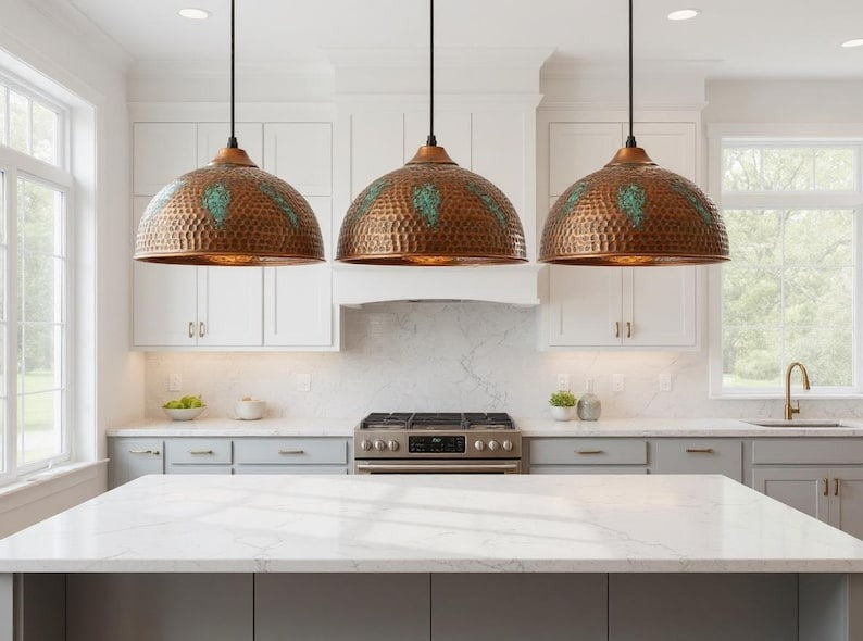 Large Hammered Copper Dome Pendant Light, Handmade Moroccan Green Patina Kitchen Island Chandelier, Rustic Verdigris Copper Hanging Lamp, Boho Farmhouse Ceiling Light Fixture