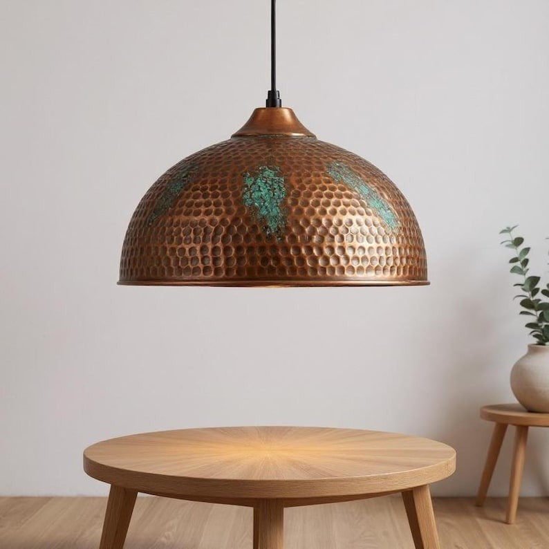 Large Hammered Copper Dome Pendant Light, Handmade Moroccan Green Patina Kitchen Island Chandelier, Rustic Verdigris Copper Hanging Lamp, Boho Farmhouse Ceiling Light Fixture