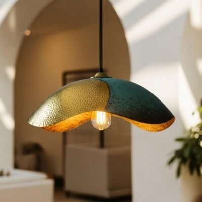Two-Tone Brass and Green Patina Wavy Pendant Light, Handmade Moroccan Sculptural Hanging Lamp, Verdigris Kitchen Island Chandelier, Rustic Boho Farmhouse Ceiling Light Fixture