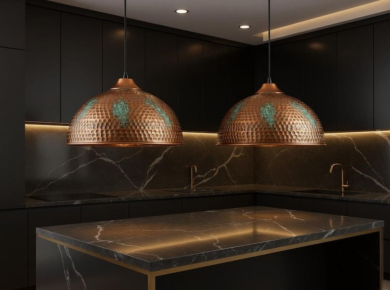 Large Hammered Copper Dome Pendant Light, Handmade Moroccan Green Patina Kitchen Island Chandelier, Rustic Verdigris Copper Hanging Lamp, Boho Farmhouse Ceiling Light Fixture