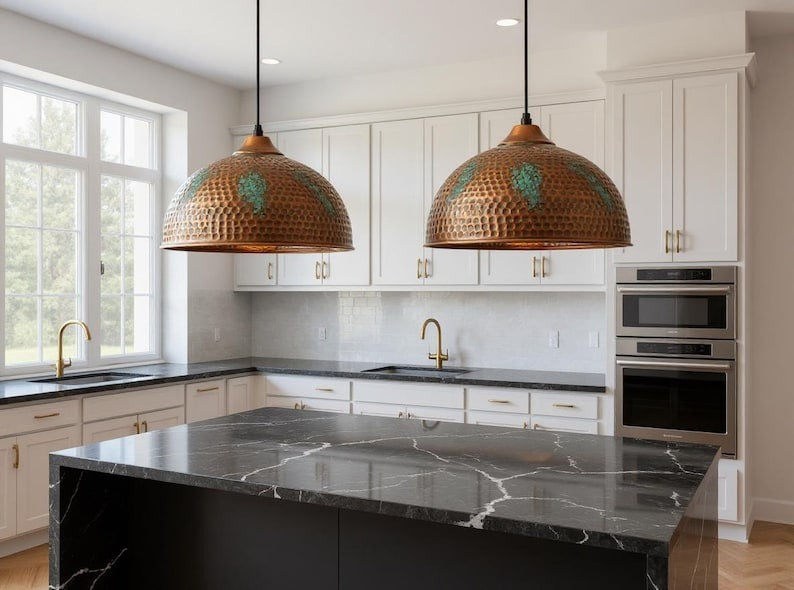 Large Hammered Copper Dome Pendant Light, Handmade Moroccan Green Patina Kitchen Island Chandelier, Rustic Verdigris Copper Hanging Lamp, Boho Farmhouse Ceiling Light Fixture
