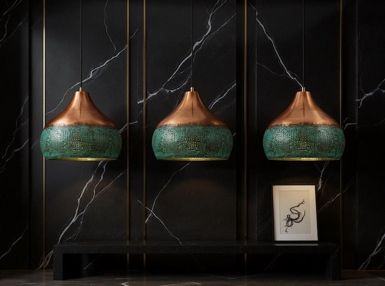 Two-Tone Copper and Green Patina Pendant Light, Handmade Moroccan Pierced Copper Hanging Lamp, Verdigris Kitchen Island Chandelier, Rustic Boho Farmhouse Ceiling Light Fixture