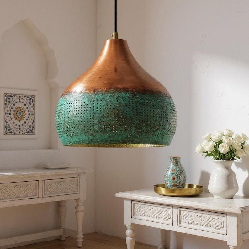 Two-Tone Copper and Green Patina Pendant Light, Handmade Moroccan Pierced Copper Hanging Lamp, Verdigris Kitchen Island Chandelier, Rustic Boho Farmhouse Ceiling Light Fixture