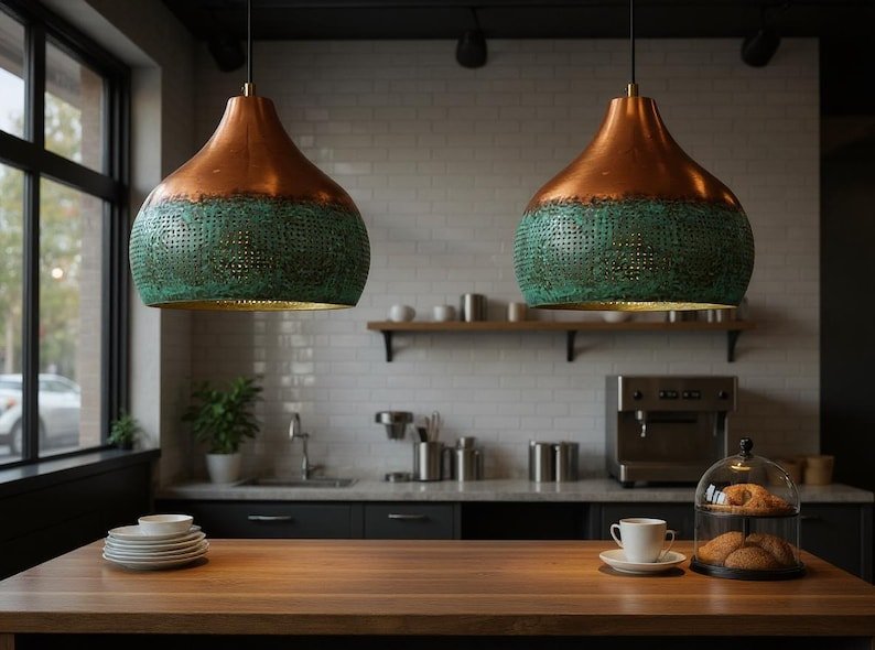 Two-Tone Copper and Green Patina Pendant Light, Handmade Moroccan Pierced Copper Hanging Lamp, Verdigris Kitchen Island Chandelier, Rustic Boho Farmhouse Ceiling Light Fixture