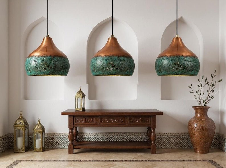 Two-Tone Copper and Green Patina Pendant Light, Handmade Moroccan Pierced Copper Hanging Lamp, Verdigris Kitchen Island Chandelier, Rustic Boho Farmhouse Ceiling Light Fixture