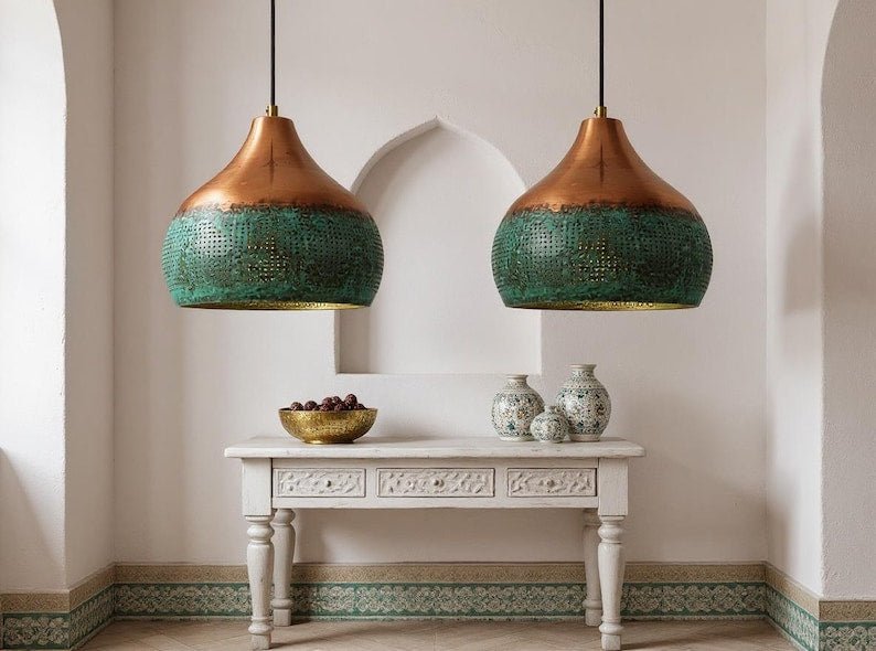 Two-Tone Copper and Green Patina Pendant Light, Handmade Moroccan Pierced Copper Hanging Lamp, Verdigris Kitchen Island Chandelier, Rustic Boho Farmhouse Ceiling Light Fixture