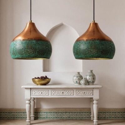 Two-Tone Copper and Green Patina Pendant Light, Handmade Moroccan Pierced Copper Hanging Lamp, Verdigris Kitchen Island Chandelier, Rustic Boho Farmhouse Ceiling Light Fixture