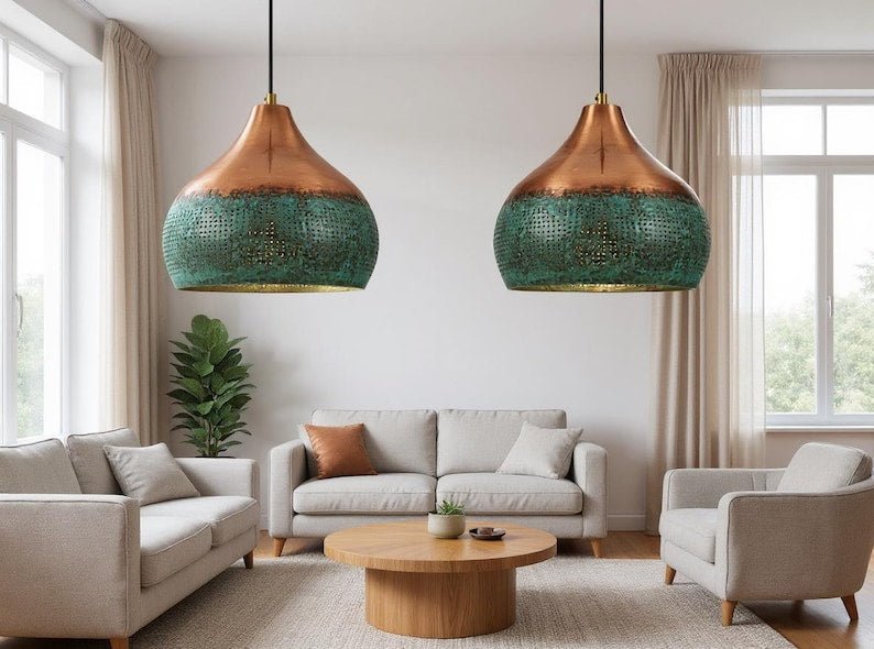 Two-Tone Copper and Green Patina Pendant Light, Handmade Moroccan Pierced Copper Hanging Lamp, Verdigris Kitchen Island Chandelier, Rustic Boho Farmhouse Ceiling Light Fixture