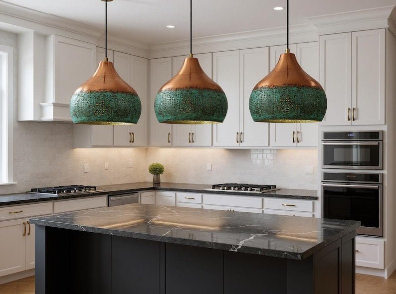 Two-Tone Copper and Green Patina Pendant Light, Handmade Moroccan Pierced Copper Hanging Lamp, Verdigris Kitchen Island Chandelier, Rustic Boho Farmhouse Ceiling Light Fixture
