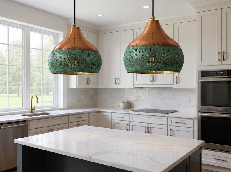Two-Tone Copper and Green Patina Pendant Light, Handmade Moroccan Pierced Copper Hanging Lamp, Verdigris Kitchen Island Chandelier, Rustic Boho Farmhouse Ceiling Light Fixture