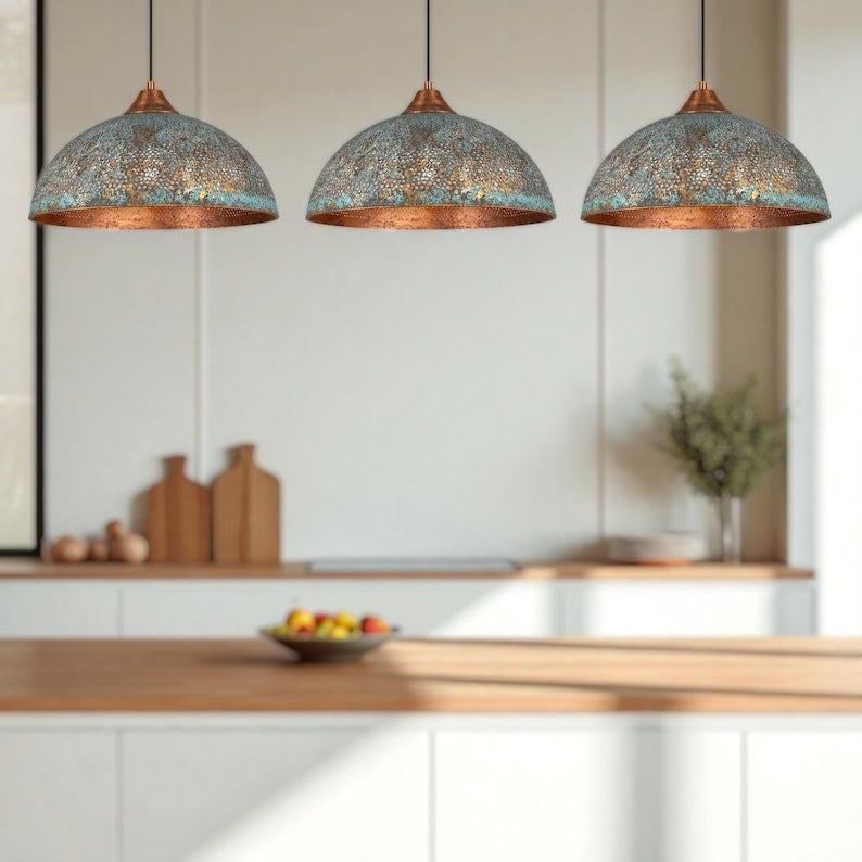 Handmade Large Hammered Brass Pendant Light with Blue Patina – Moroccan Wide Dome Hanging Lamp for Kitchen Island, Dining Room & Boho Luxury Home Decor