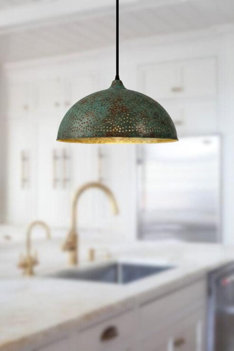 Handmade Green Patina Brass Pendant Light – Moroccan Perforated Dome Hanging Lamp with Warm Brass Interior for Kitchen Island, Dining Room & Boho Home Décor