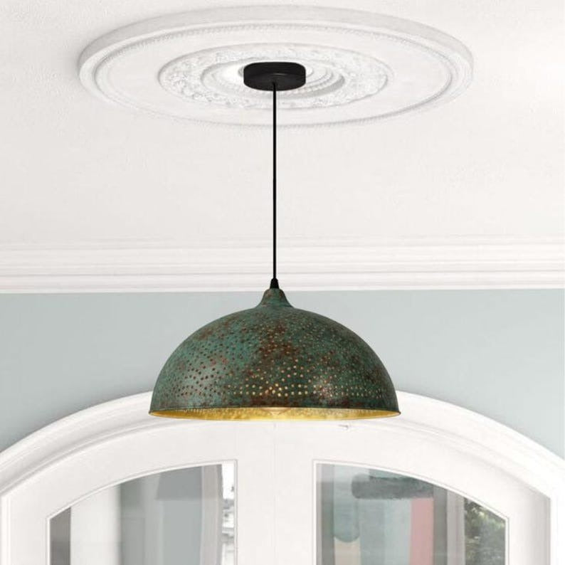 Handmade Green Patina Brass Pendant Light – Moroccan Perforated Dome Hanging Lamp with Warm Brass Interior for Kitchen Island, Dining Room & Boho Home Décor