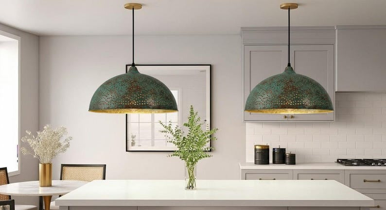 Handmade Green Patina Brass Pendant Light – Moroccan Perforated Dome Hanging Lamp with Warm Brass Interior for Kitchen Island, Dining Room & Boho Home Décor