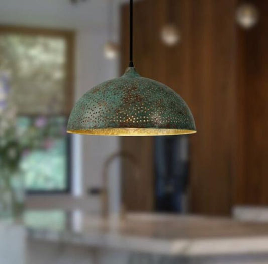 Handmade Green Patina Brass Pendant Light – Moroccan Perforated Dome Hanging Lamp with Warm Brass Interior for Kitchen Island, Dining Room & Boho Home Décor