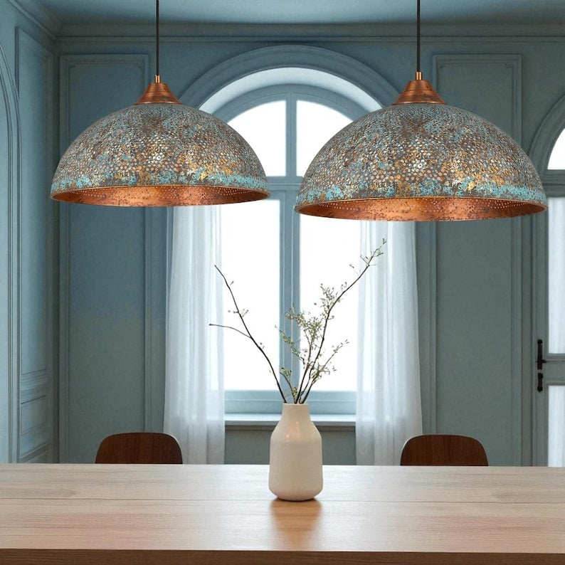 Handmade Large Hammered Brass Pendant Light with Blue Patina – Moroccan Wide Dome Hanging Lamp for Kitchen Island, Dining Room & Boho Luxury Home Decor