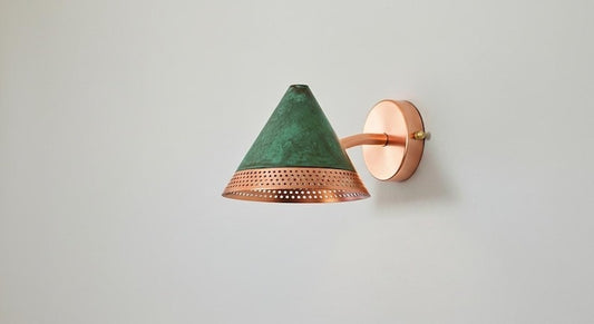 Handmade Moroccan Brass Wall Sconce – Green Verdigris Patina Cone Wall Light with Perforated Copper Brass Trim, Modern Boho Lamp for Bedroom, Hallway, Kitchen & Entryway