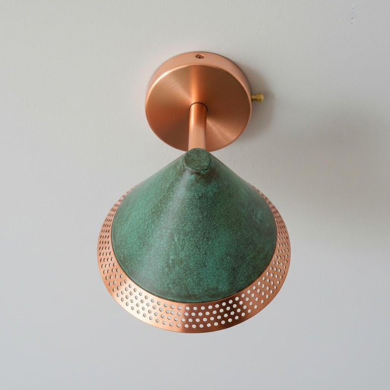 Handmade Moroccan Brass Wall Sconce – Green Verdigris Patina Cone Wall Light with Perforated Copper Brass Trim, Modern Boho Lamp for Bedroom, Hallway, Kitchen & Entryway