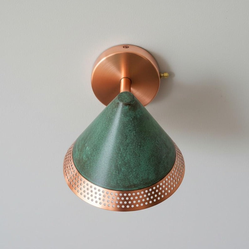 Handmade Moroccan Brass Wall Sconce – Green Verdigris Patina Cone Wall Light with Perforated Copper Brass Trim, Modern Boho Lamp for Bedroom, Hallway, Kitchen & Entryway