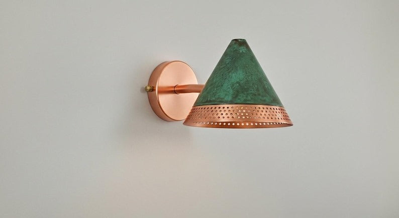 Handmade Moroccan Brass Wall Sconce – Green Verdigris Patina Cone Wall Light with Perforated Copper Brass Trim, Modern Boho Lamp for Bedroom, Hallway, Kitchen & Entryway