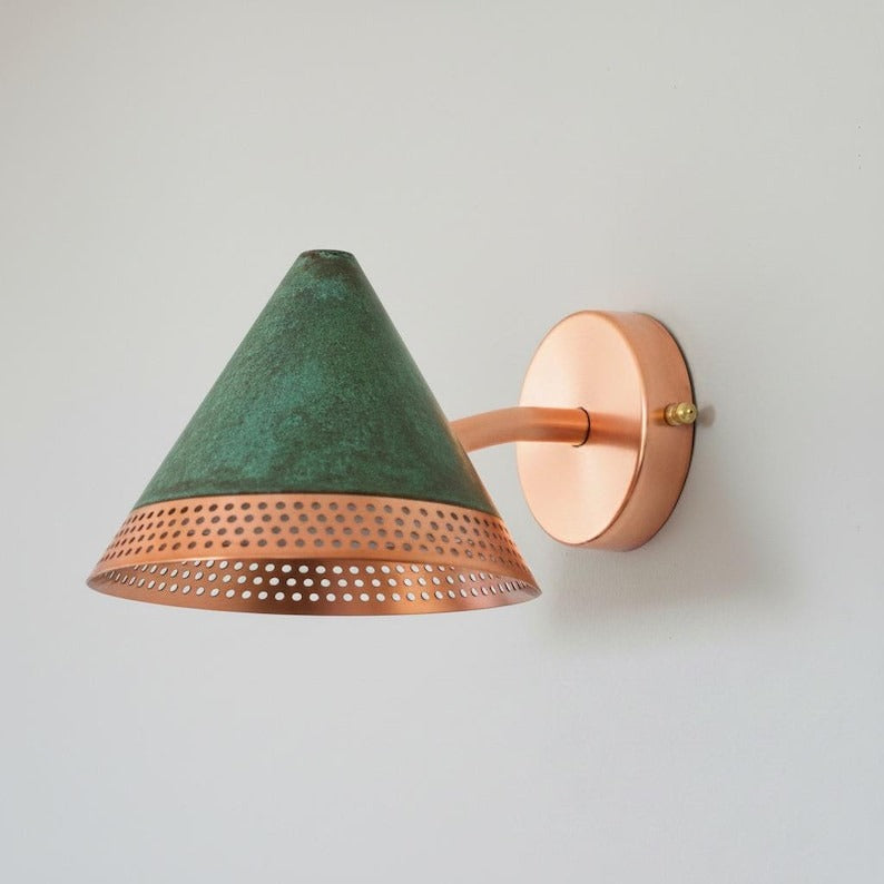 Handmade Moroccan Brass Wall Sconce – Green Verdigris Patina Cone Wall Light with Perforated Copper Brass Trim, Modern Boho Lamp for Bedroom, Hallway, Kitchen & Entryway