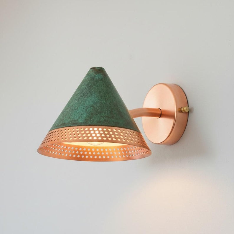 Handmade Moroccan Brass Wall Sconce – Green Verdigris Patina Cone Wall Light with Perforated Copper Brass Trim, Modern Boho Lamp for Bedroom, Hallway, Kitchen & Entryway
