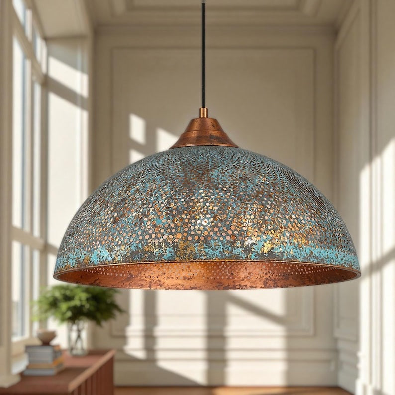 Handmade Large Hammered Brass Pendant Light with Blue Patina – Moroccan Wide Dome Hanging Lamp for Kitchen Island, Dining Room & Boho Luxury Home Decor