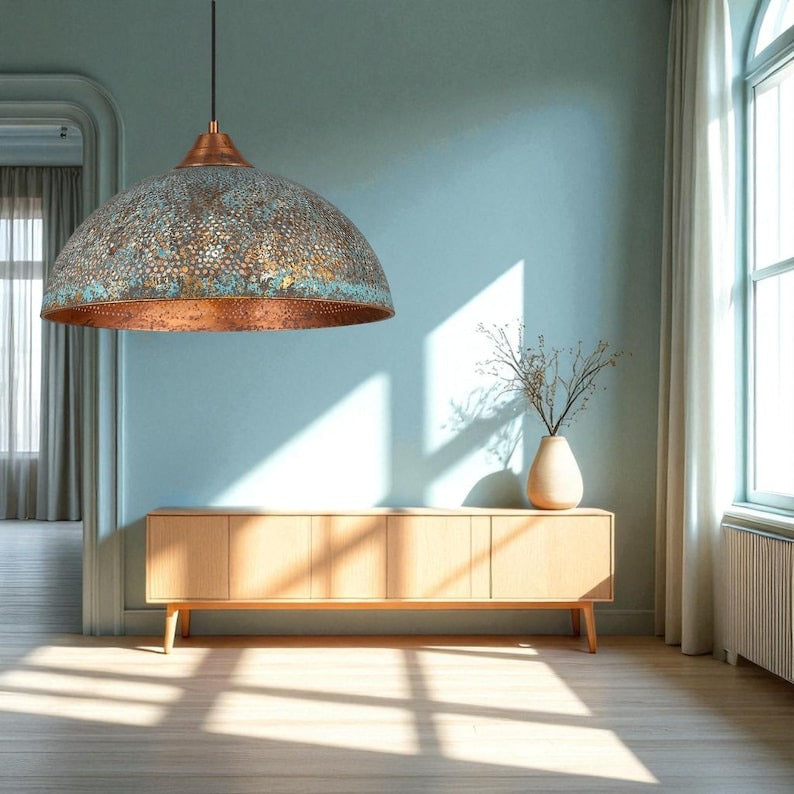 Handmade Large Hammered Brass Pendant Light with Blue Patina – Moroccan Wide Dome Hanging Lamp for Kitchen Island, Dining Room & Boho Luxury Home Decor