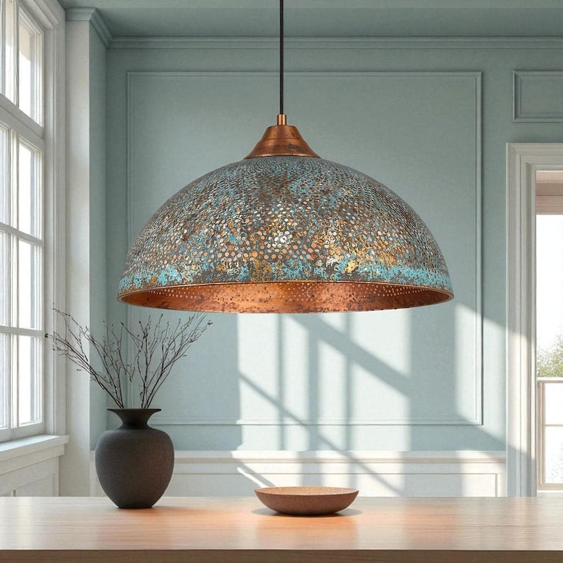 Handmade Large Hammered Brass Pendant Light with Blue Patina – Moroccan Wide Dome Hanging Lamp for Kitchen Island, Dining Room & Boho Luxury Home Decor