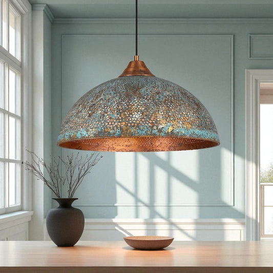 Handmade Large Hammered Brass Pendant Light with Blue Patina – Moroccan Wide Dome Hanging Lamp for Kitchen Island, Dining Room & Boho Luxury Home Decor