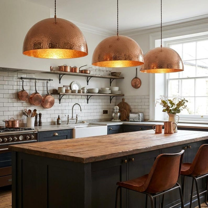 Moroccan Brass Copper Finish Hammered Dome Pendant Light, Handmade Brass Kitchen Island Hanging Lamp, Boho Rustic Copper Chandelier, Modern Farmhouse Ceiling Light Fixture