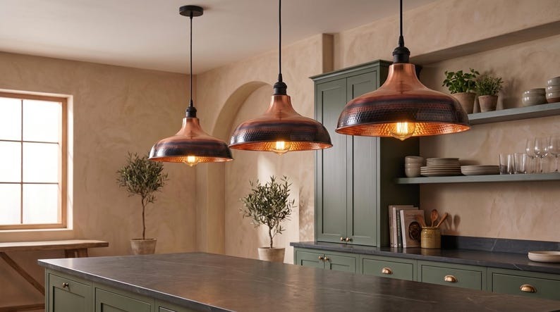 Handmade Brass Moroccan Pendant Light – Copper & Black Hammered Brass Dome Hanging Lamp, Rustic Kitchen Island Ceiling Light Fixture
