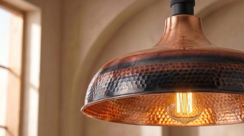 Handmade Brass Moroccan Pendant Light – Copper & Black Hammered Brass Dome Hanging Lamp, Rustic Kitchen Island Ceiling Light Fixture