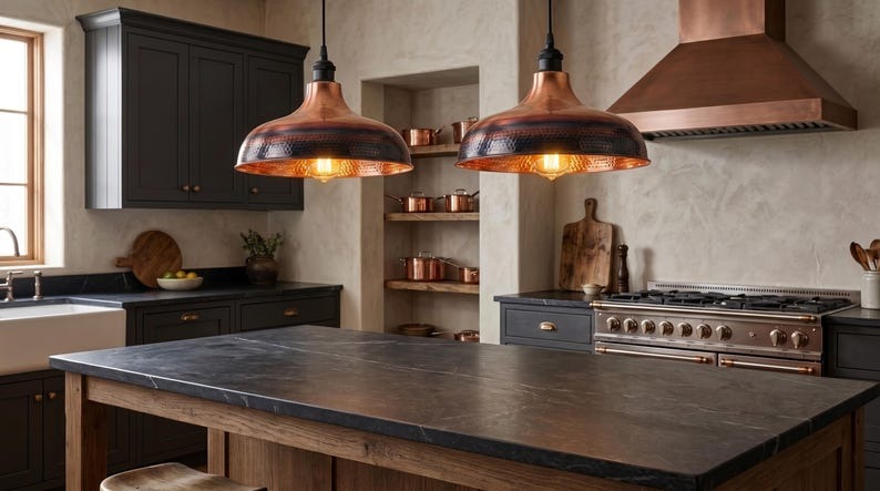 Handmade Brass Moroccan Pendant Light – Copper & Black Hammered Brass Dome Hanging Lamp, Rustic Kitchen Island Ceiling Light Fixture