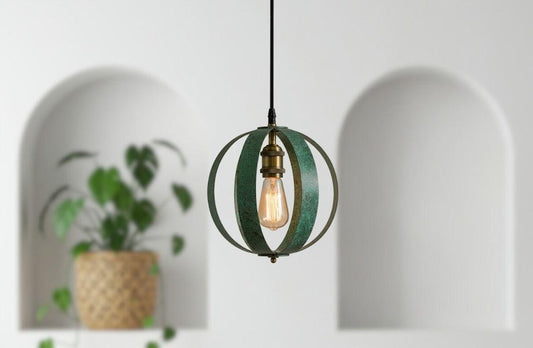 Handmade Moroccan Brass Open Cage Pendant Light – Verdigris Patina Brass Hanging Lamp with Exposed Bulb, Boho Mediterranean Orb Ceiling Light for Kitchen Island, Dining Room, Bedroom & Entryway