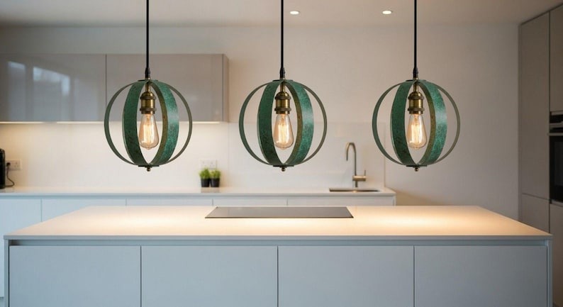 Handmade Moroccan Brass Open Cage Pendant Light – Verdigris Patina Brass Hanging Lamp with Exposed Bulb, Boho Mediterranean Orb Ceiling Light for Kitchen Island, Dining Room, Bedroom & Entryway