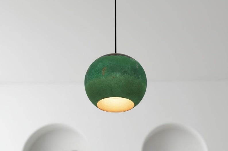 Handmade Moroccan Brass Globe Pendant Light – Green Patina Brass Hanging Lamp with Dark Aged Top & Warm Gold Interior, Boho Mediterranean Orb Ceiling Light for Kitchen Island, Dining Room, Bedroom & Entryway