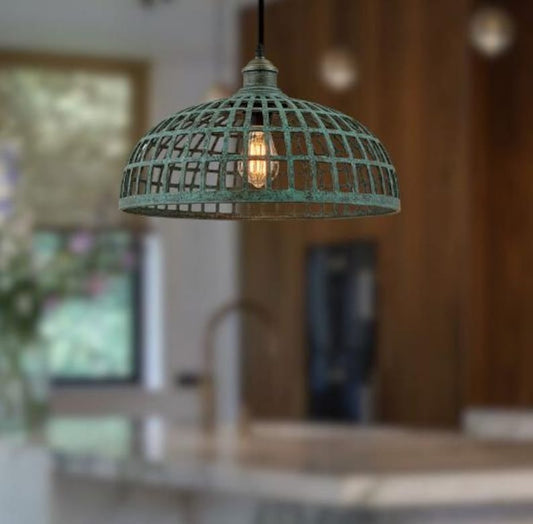 Handmade Green Patina Brass Pendant Light – Moroccan Open Grid Dome Hanging Lamp with Cage Cutout Design for Kitchen Island, Dining Room & Boho Home Décor