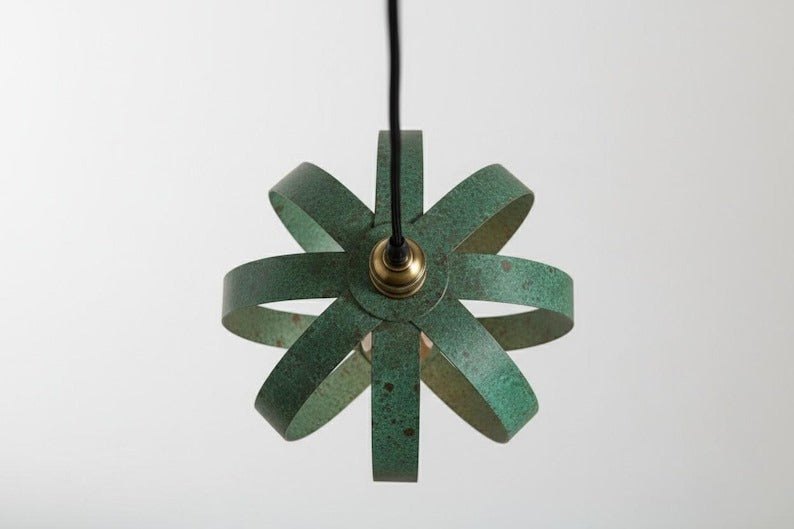 Handmade Moroccan Brass Open Cage Pendant Light – Verdigris Patina Brass Hanging Lamp with Exposed Bulb, Boho Mediterranean Orb Ceiling Light for Kitchen Island, Dining Room, Bedroom & Entryway